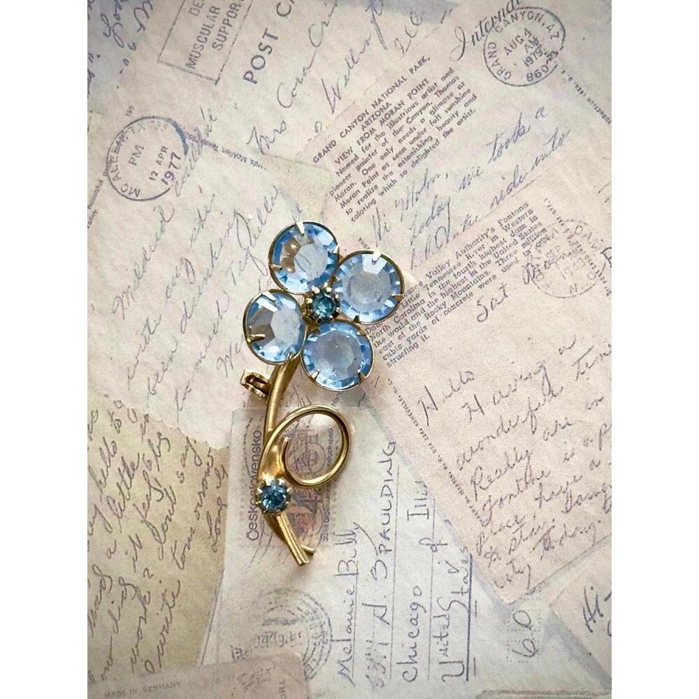 Vintage Blue Crystal Floral Brooch • Gold-Tone Pin • Romantic Heirloom Jewelry